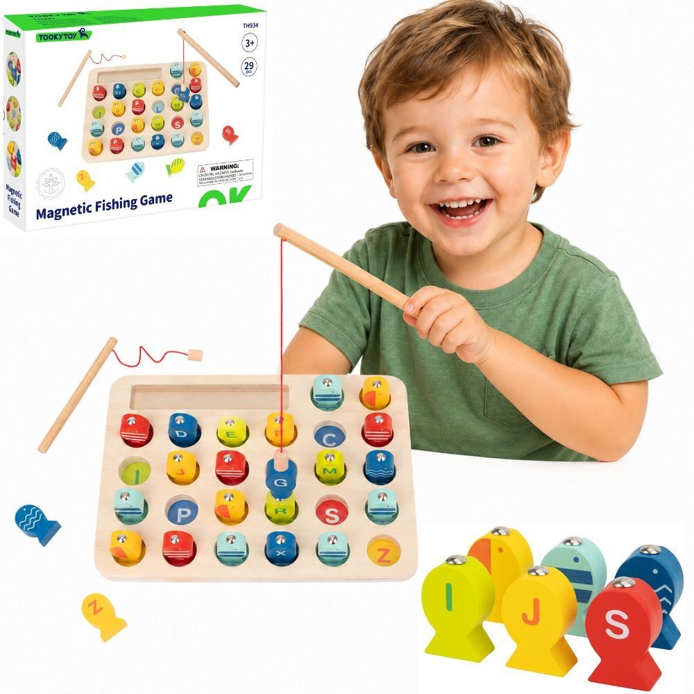 Drewniana gra Łowienie Rybek TOOKY TOY - plansza z kolorowymi rybkami i literkami