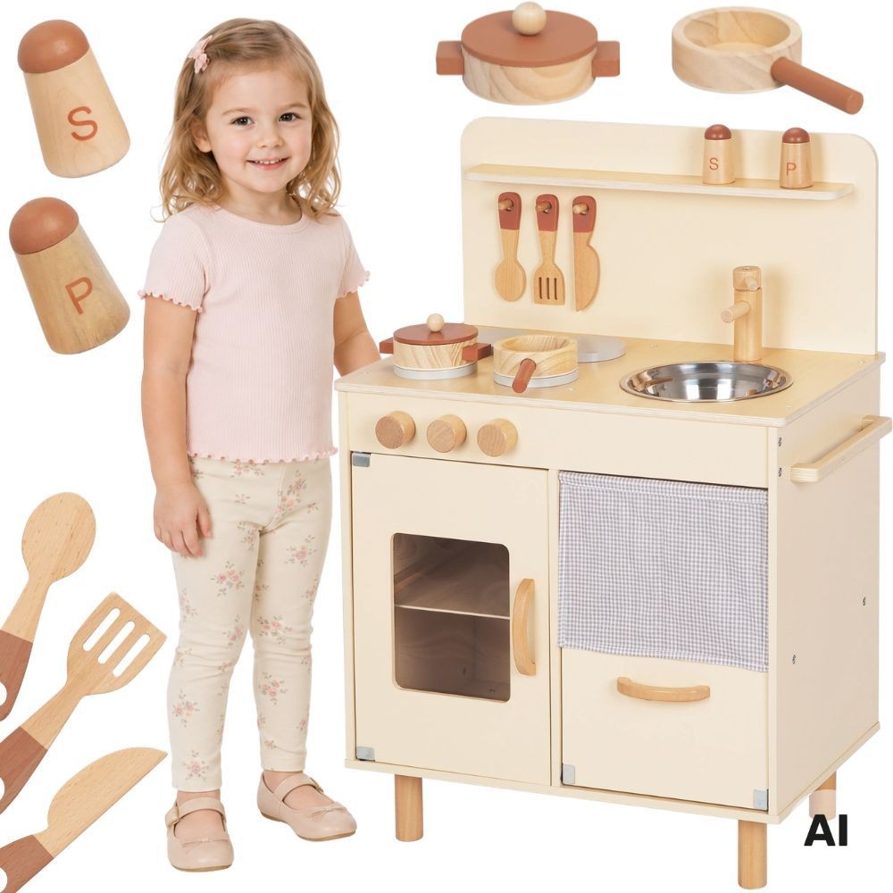 Drewniana beżowa kuchnia TOOKY TOY z akcesoriami do zabawy dla dzieci od 3 lat