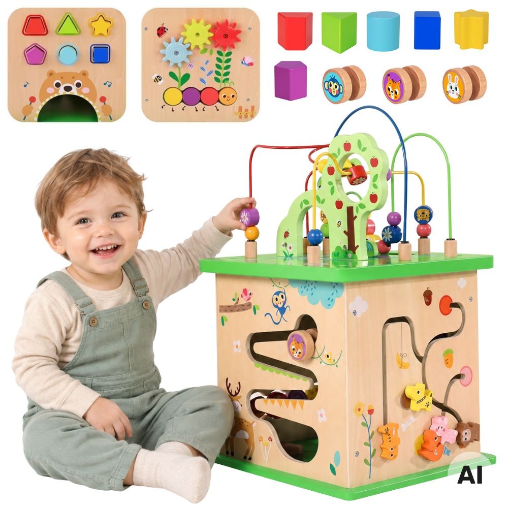Drewniana kostka edukacyjna 5w1 TOOKY TOY z kolorową przeplatanką