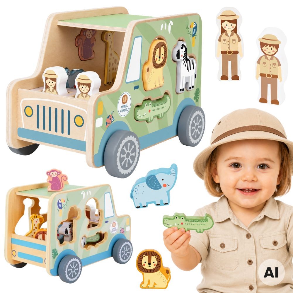Drewniany samochód safari TOOKY TOY z kolorowymi figurkami zwierząt i odkrywcą