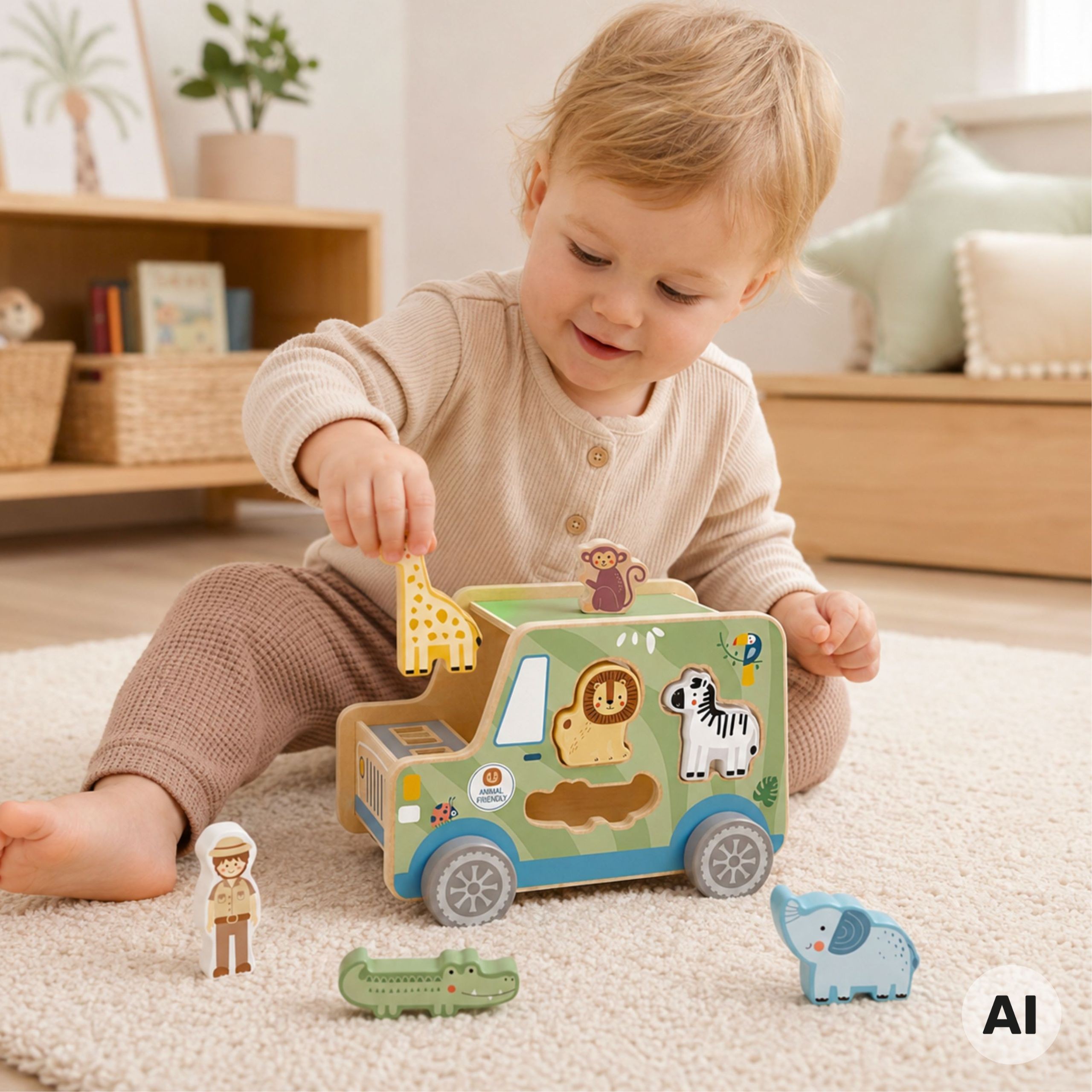 Kolorowe figurki zwierząt safari i drewniany pojazd TOOKY TOY z otworami do dopasowywania