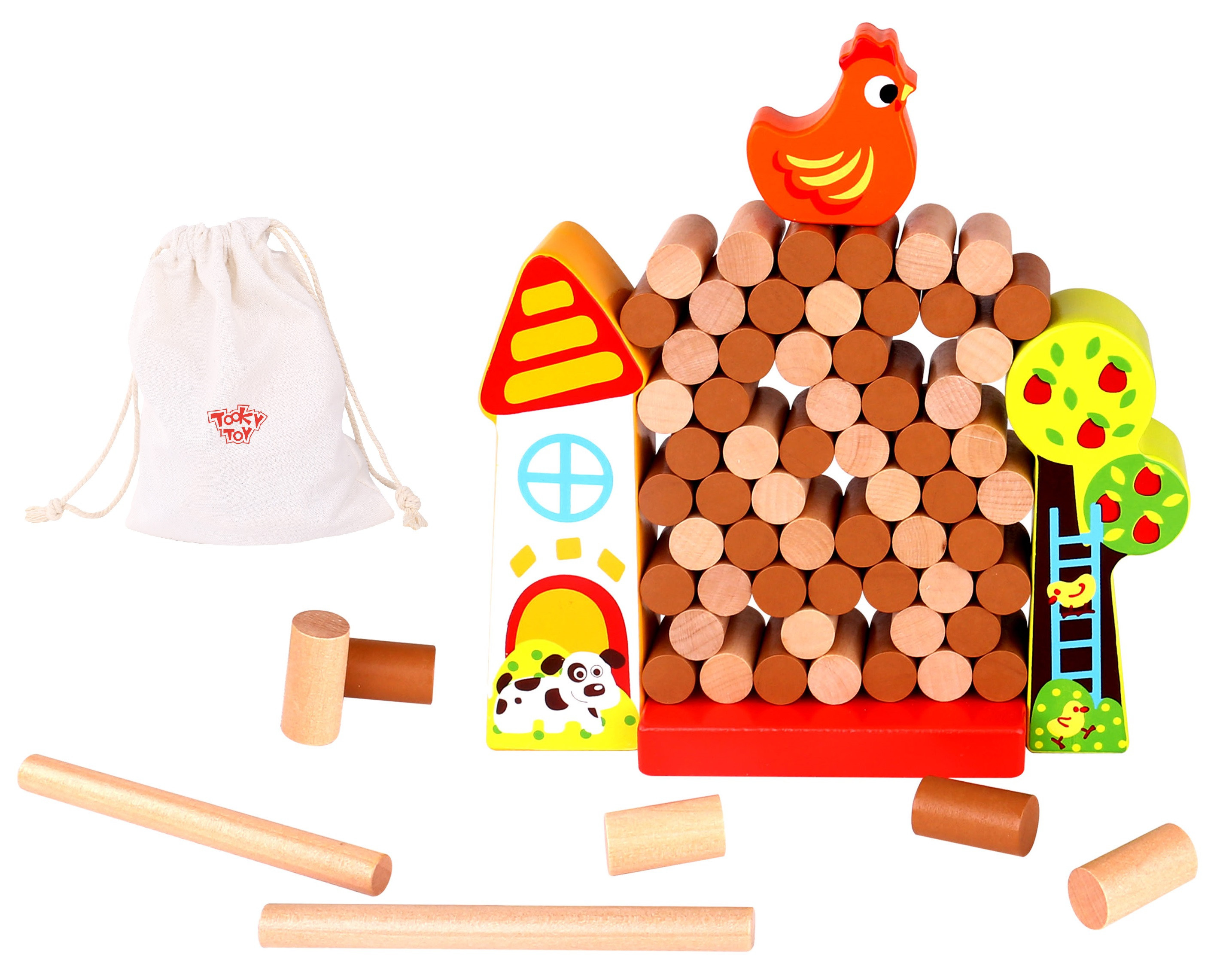Drewniana gra zręcznościowa Farma Spadająca Kura TOOKY TOY - 69 elementów w zestawie
