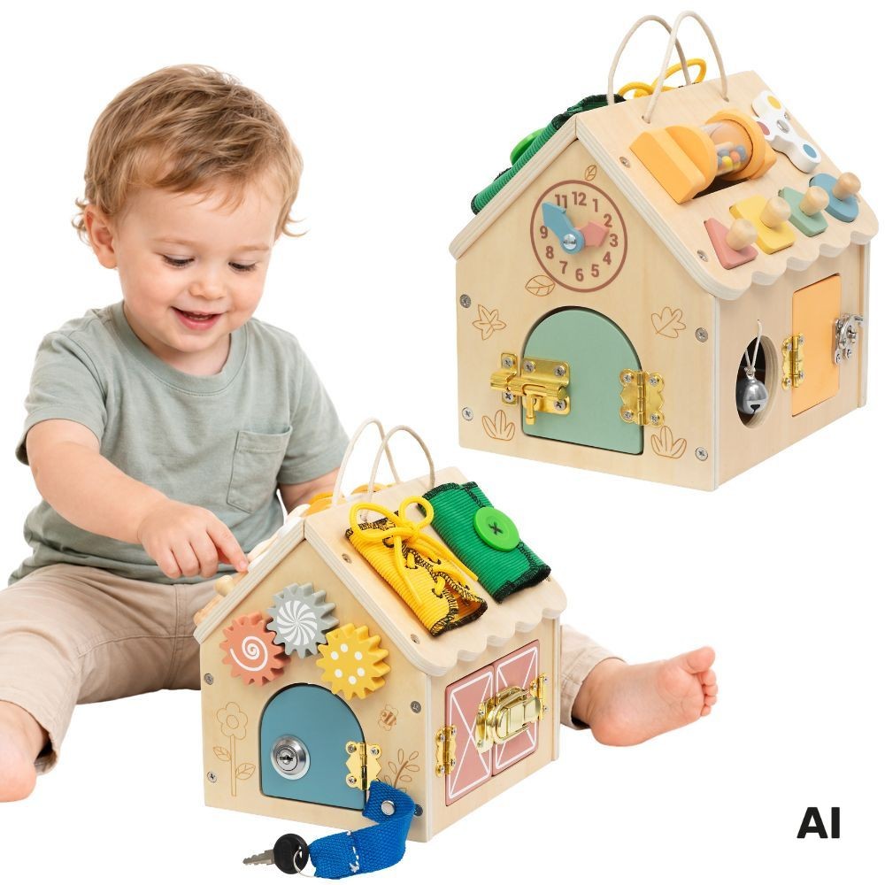 Drewniany domek manipulacyjny TOOKY TOY z zamkami i kolorowymi kołami zębatymi
