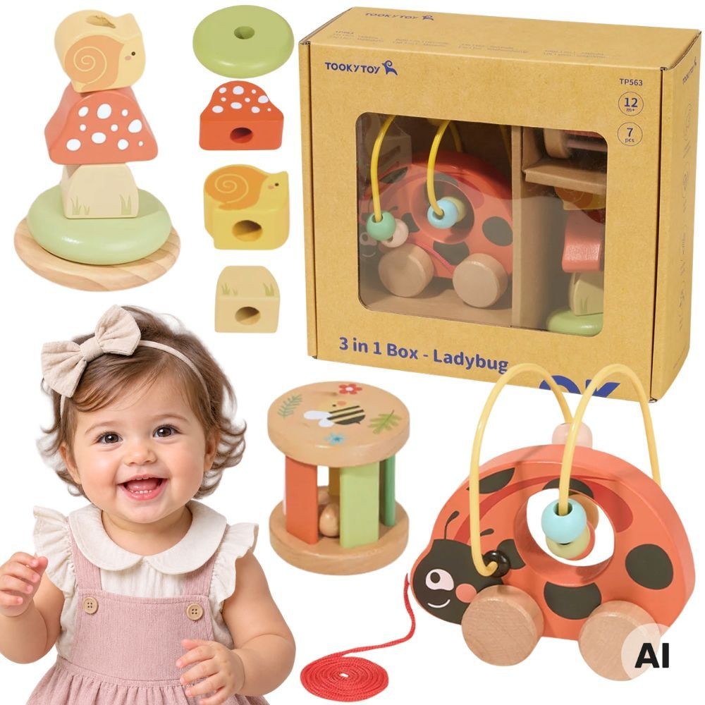 Drewniana zabawka edukacyjna Biedronka 3w1 TOOKY TOY z kolorowymi elementami