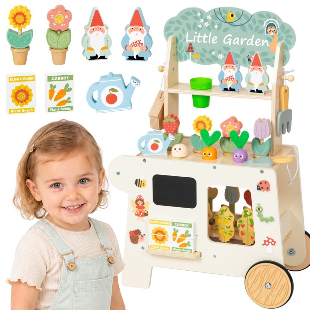 TOOKY TOY Wózek Ogrodowy Sklepik drewniany z 57 elementami do zabawy ogrodniczej i handlu