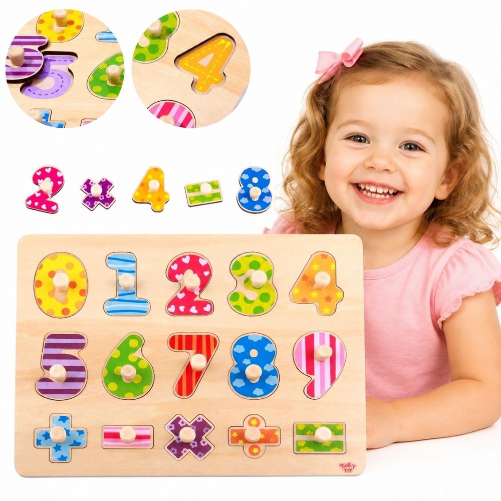 Drewniane puzzle nauka liczenia TOOKY TOY z kolorowymi cyframi i znakami matematycznymi