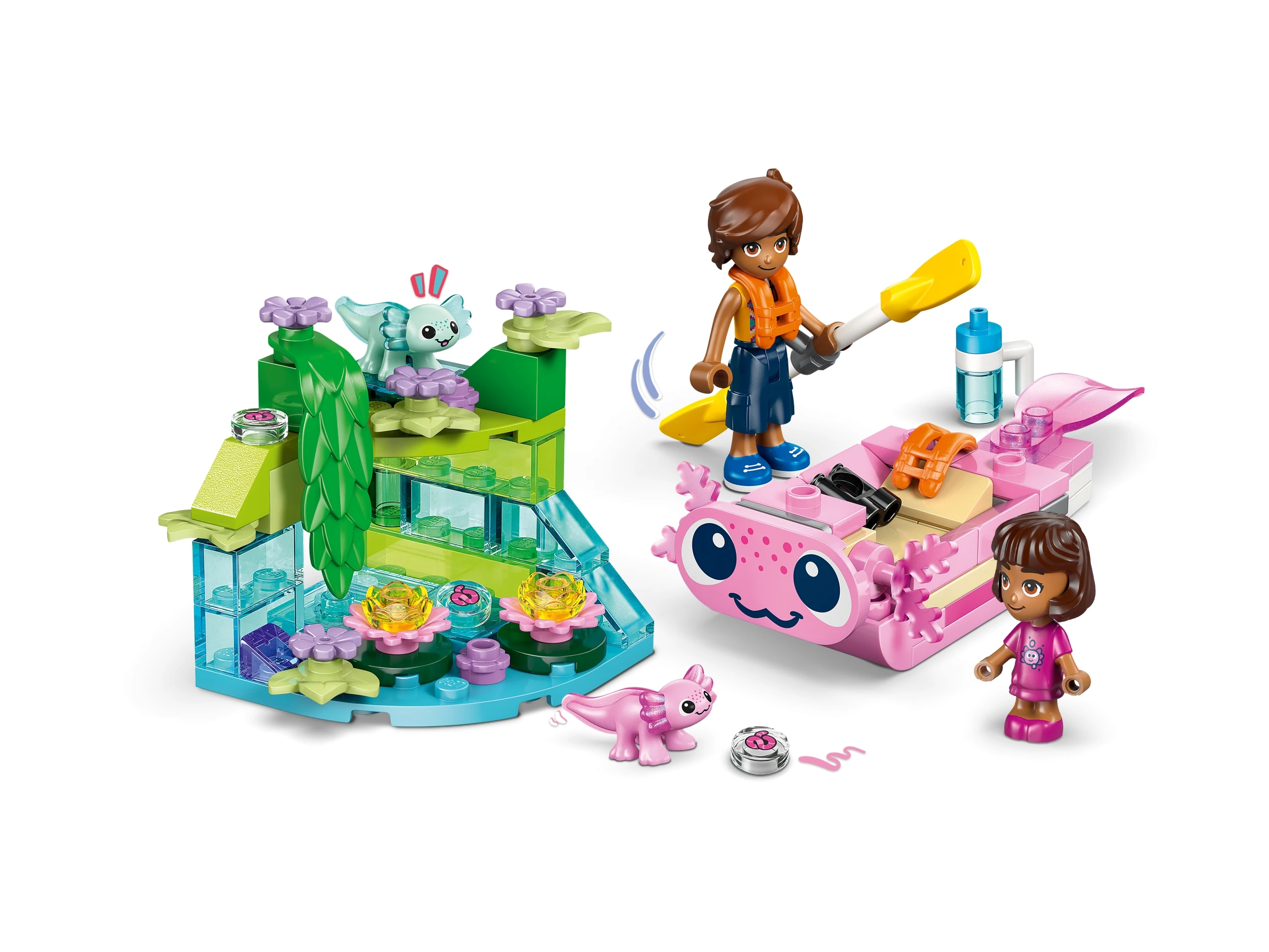 Zbliżenie na szczegóły zestawu LEGO Friends 42681 z łodzią aksolotla i figurkami