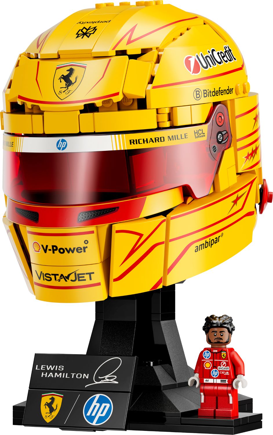 Minifigurka Lewisa Hamiltona w czerwonym kombinezonie wyścigowym Ferrari HP w zestawie LEGO 43022