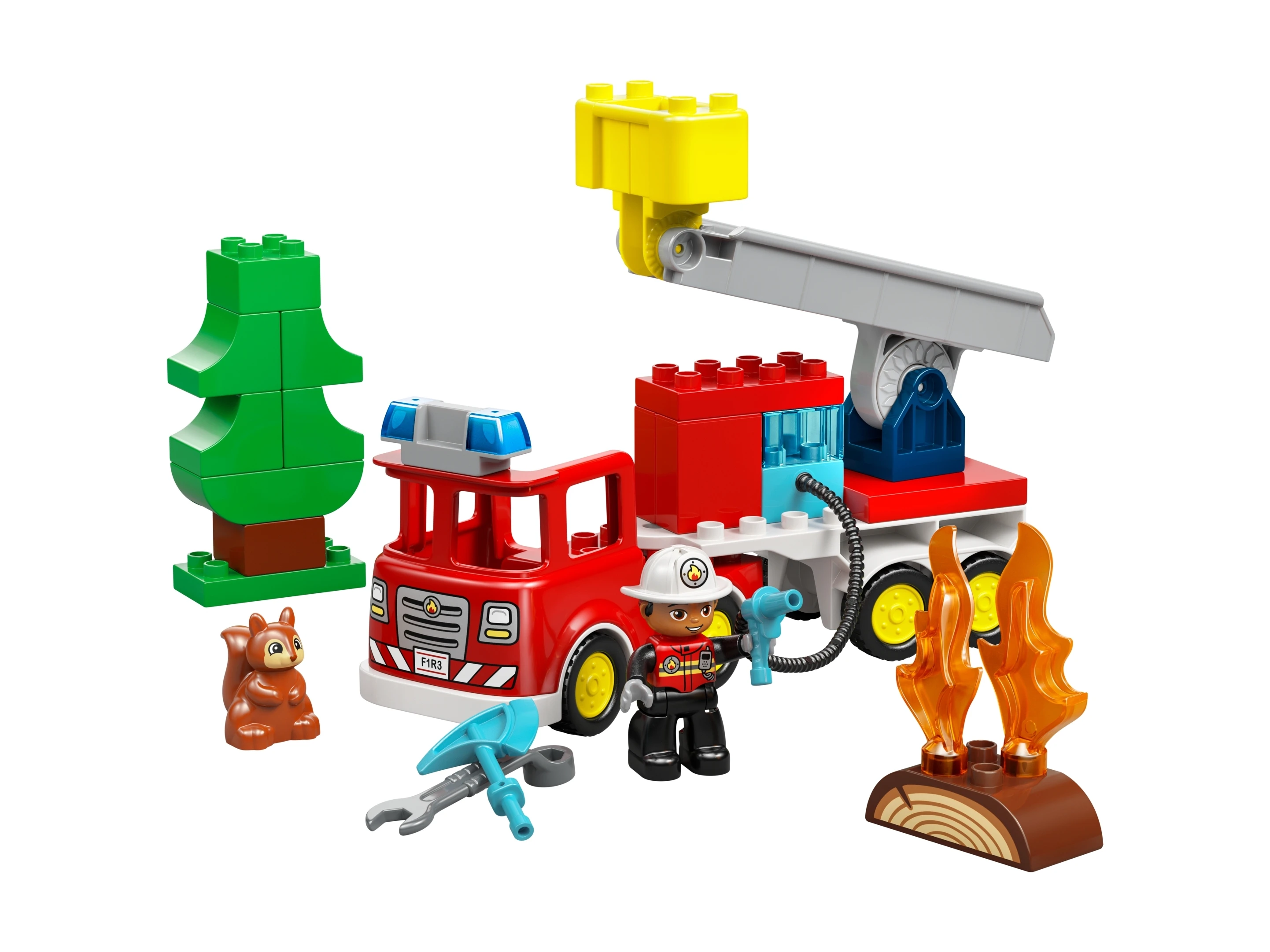 Figurka strażaka LEGO Duplo oraz elementy zestawu Wóz strażacki 10473 do odgrywania scen ratunkowych