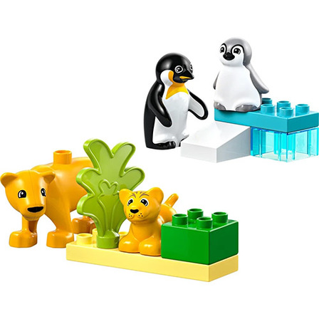 Figurki dorosłego pingwina z pisklęciem oraz lwicy z lwiątkiem w zestawie LEGO Duplo