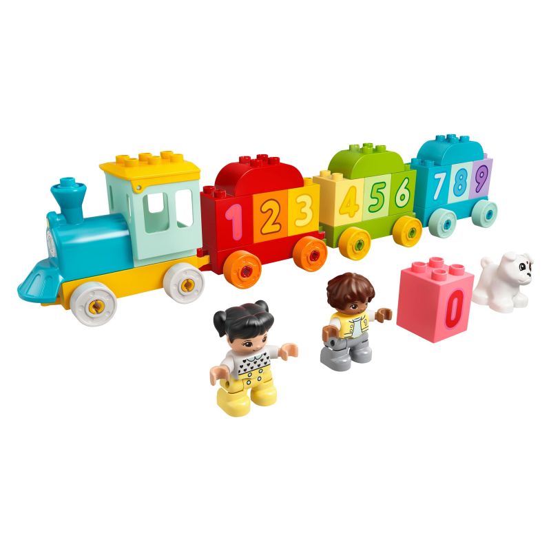 Zestaw LEGO Duplo 10954 z lokomotywą, wagonami i kolorowymi klockami z cyframi