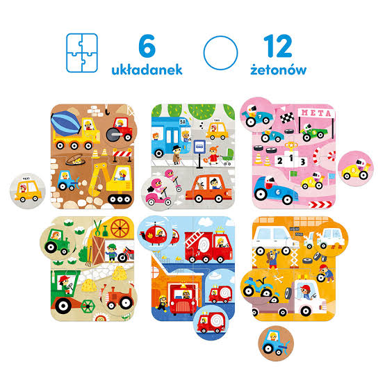 Kolorowe ilustracje puzzli CzuCzu Puzzle Pojazdy małe i duże z motywem pojazdów