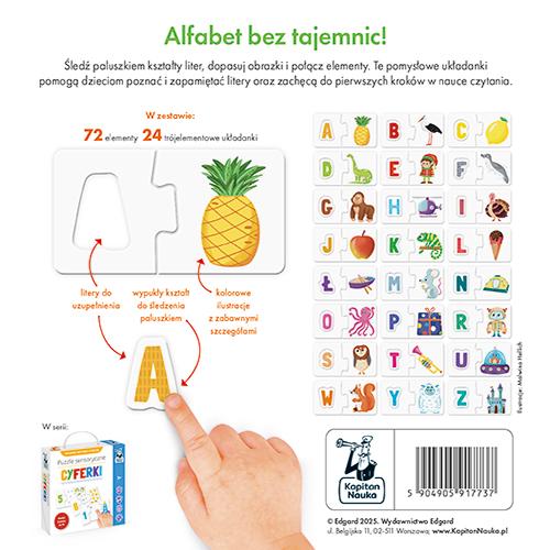 Elementy puzzli sensorycznych Literki Kapitan Nauka z ilustracjami i literami