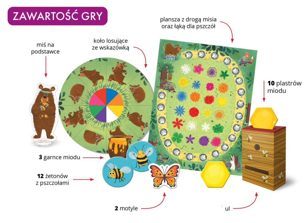 Elementy gry Miś i pszczoły Kapitan Nauka z ilustracjami Katarzyny Nowowiejskiej