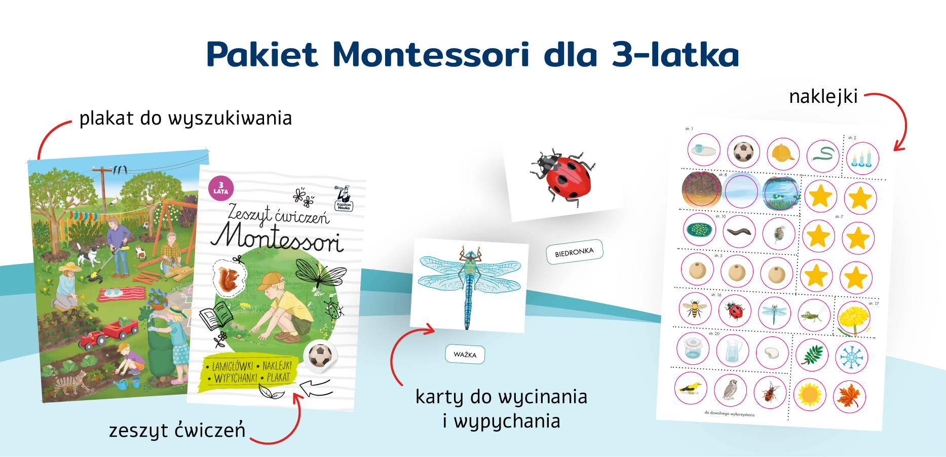Zeszyt ćwiczeń i plakat z wyszukiwanką w teczce Montessori Kapitan Nauka 3 lata