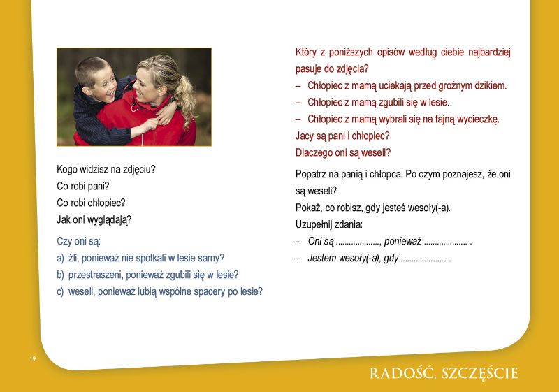 Przykładowa strona z fotografią emocji i pytaniami w publikacji Uczę się rozumieć innych