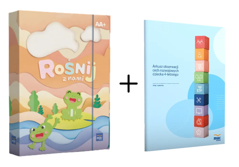 Superpakiet Rośnij z nami poziom A i A+ MAC PODRĘCZNIKI - okładka zestawu edukacyjnego dla 4-latków