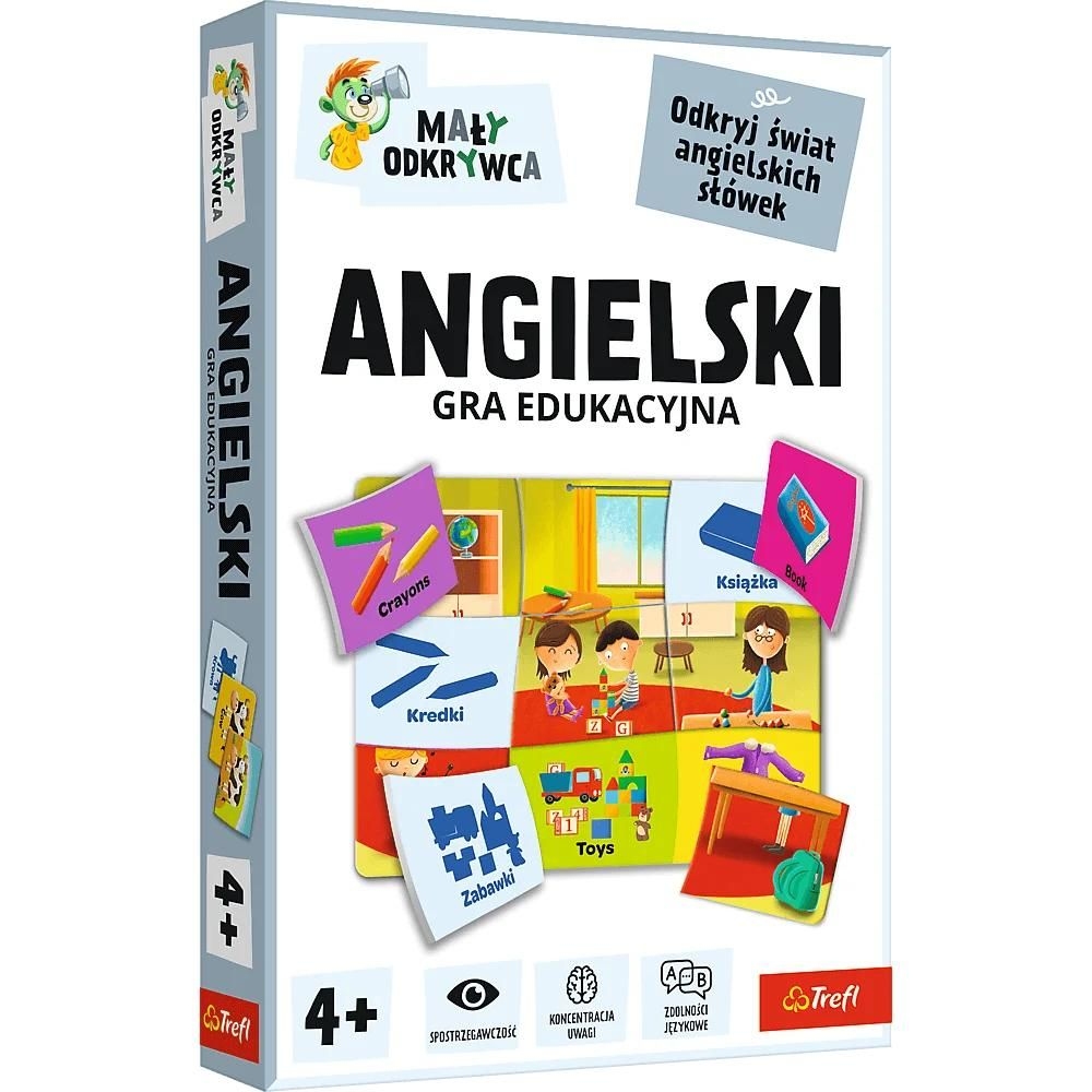 Gra Angielski Mały odkrywca rodzina Treflików Trefl PAP - plansza i elementy edukacyjne