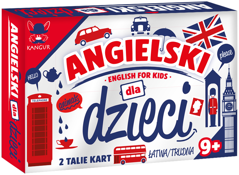Karty edukacyjnej gry Angielski dla dzieci KANGUR z pytaniami i ilustracjami