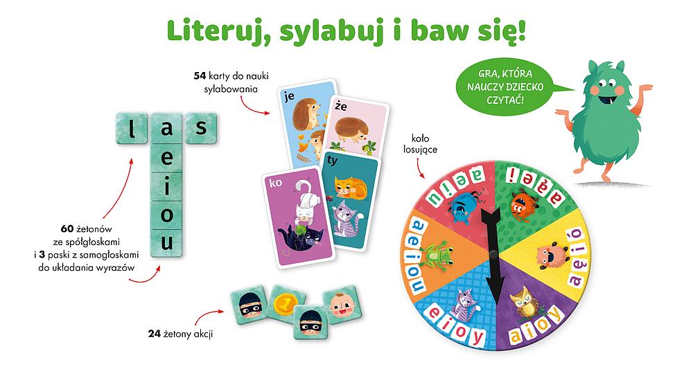 Karty gry edukacyjnej Bazgraki czytają z ilustracjami zwierząt i literami