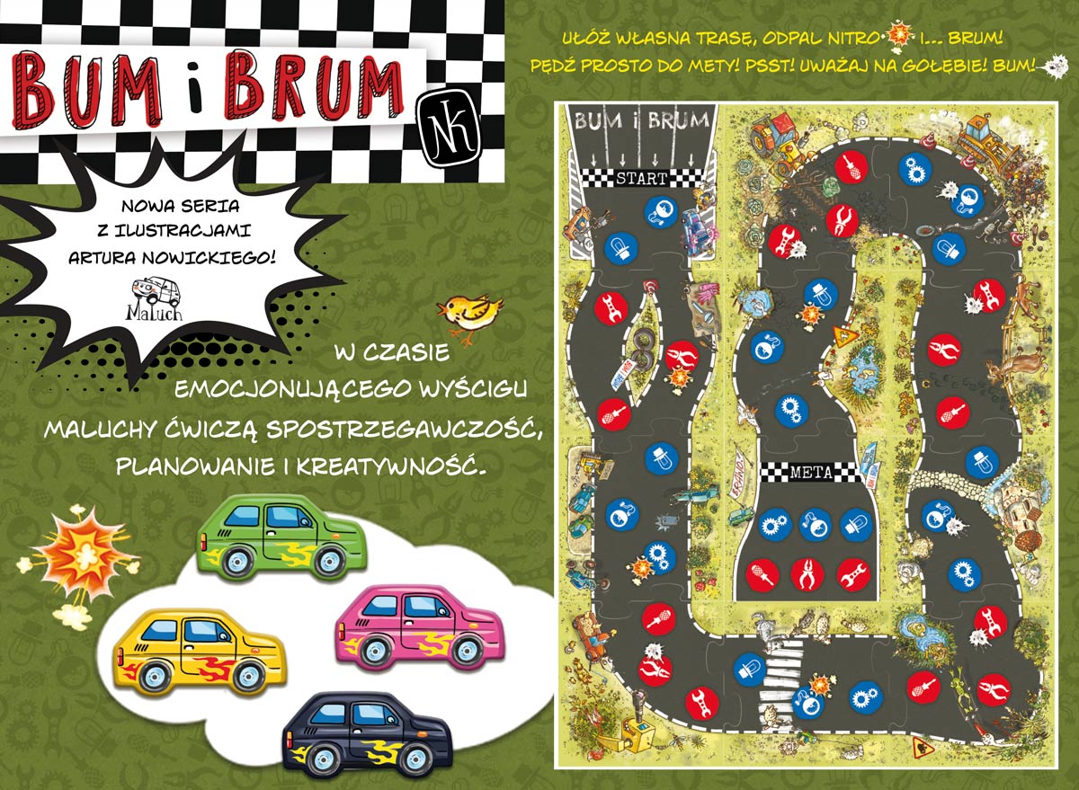 Elementy gry BUM i BRUM Rajd Malucha - puzzle i pionki