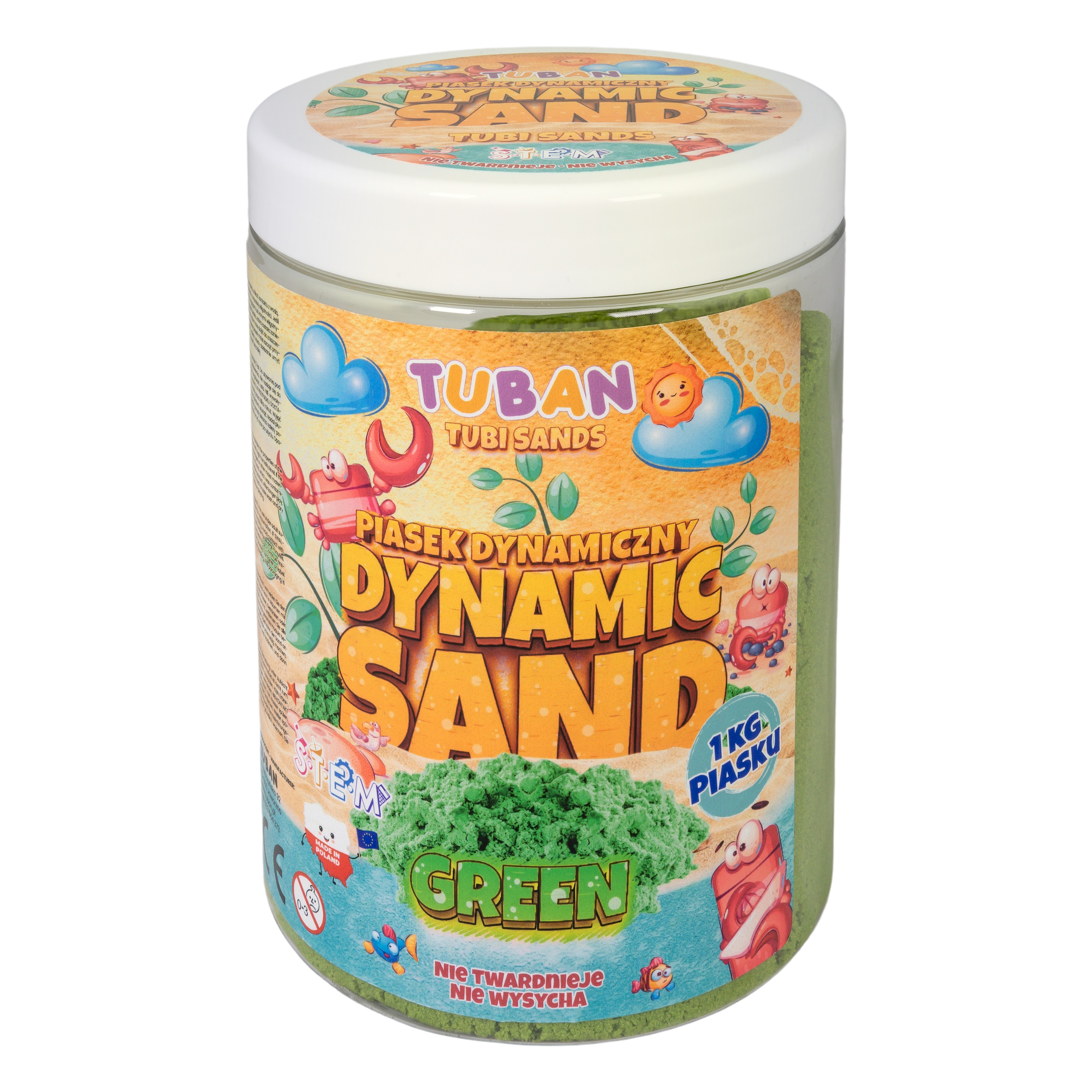 Zielony piasek dynamiczny TUBAN w opakowaniu 1 kg, sensoryczna zabawka dla dzieci