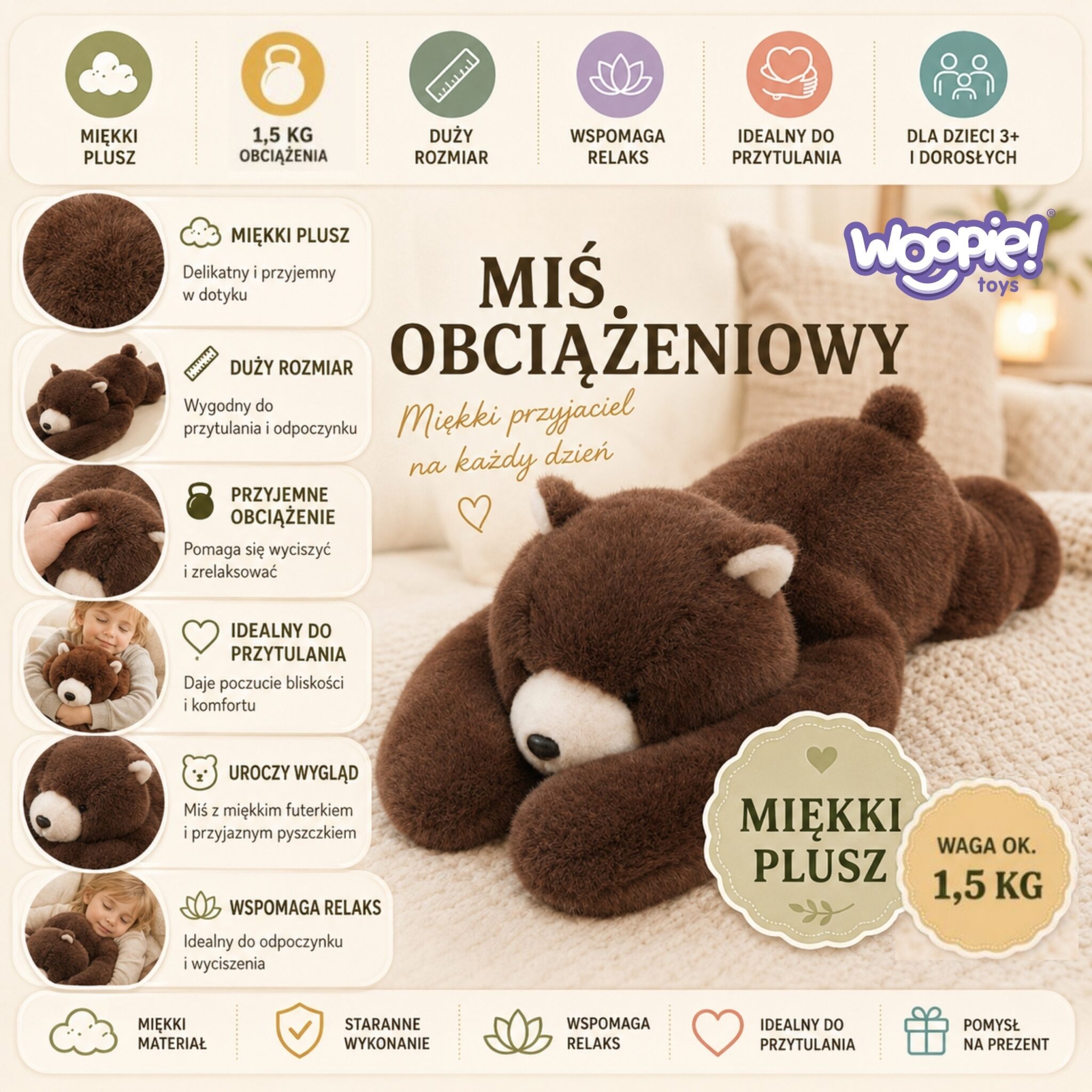 Miś Niedźwiadek Bruno w pozycji leżącej; pokazana miękka struktura materiału i proporcje 65 cm