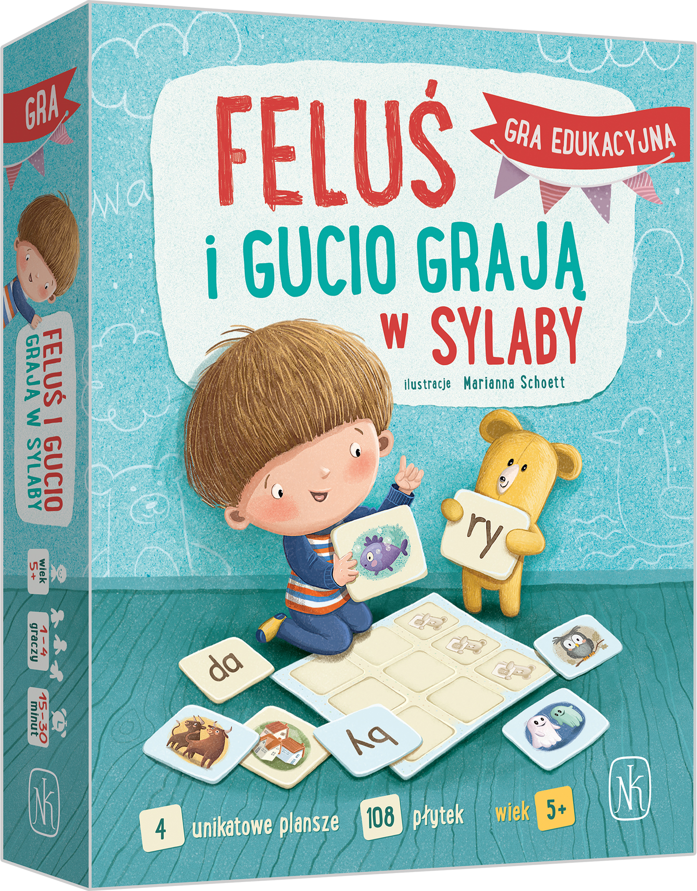 Gra edukacyjna Feluś i Gucio Grają w Sylaby wydawnictwa NASZA KSIĘGARNIA z planszami i płytkami