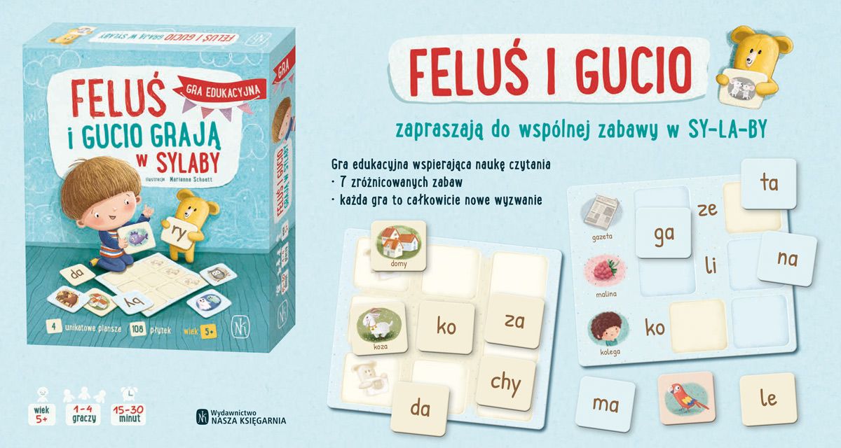 Elementy gry Feluś i Gucio Grają w Sylaby - plansze, płytki sylab i ilustracje
