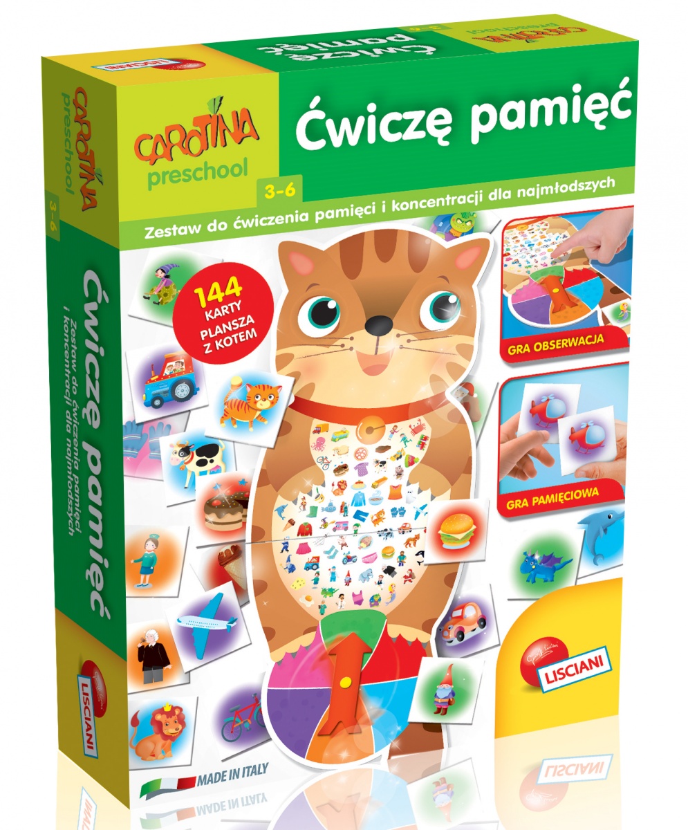 Gra edukacyjna Carotina Ćwiczę Pamięć Lisciani z 144 kartami i planszą kota