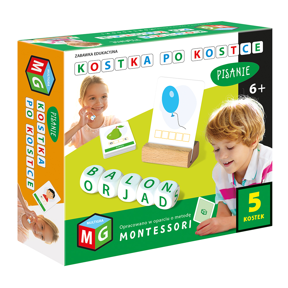 Zestaw 5 kostek literowych i 55 kart obrazkowych do nauki pisania i czytania MULTIGRA