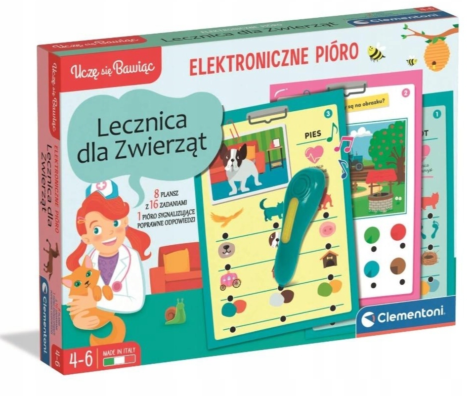 Mówiące Pióro 500 Pytań Lecznica dla Zwierząt Clementoni - zestaw edukacyjny z interaktywnym piórem i planszami