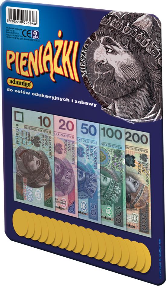 Zestaw edukacyjnych pieniędzy Adamigo – kolorowe banknoty i monety do nauki liczenia