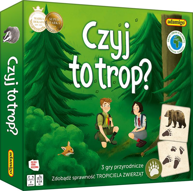 Kooperacyjna gra edukacyjna Czyj to Trop? od ADAMIGO z motywem śladów zwierząt