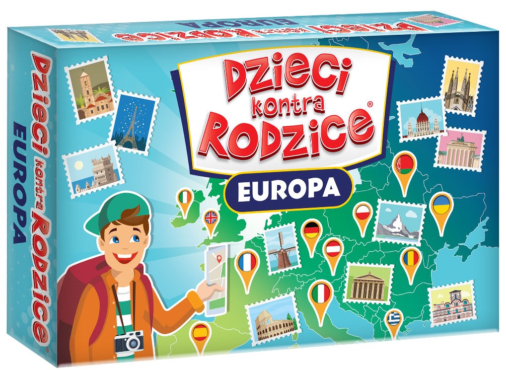 Rodzinna gra edukacyjna Dzieci kontra Rodzice Europa – pudełko i karty gry