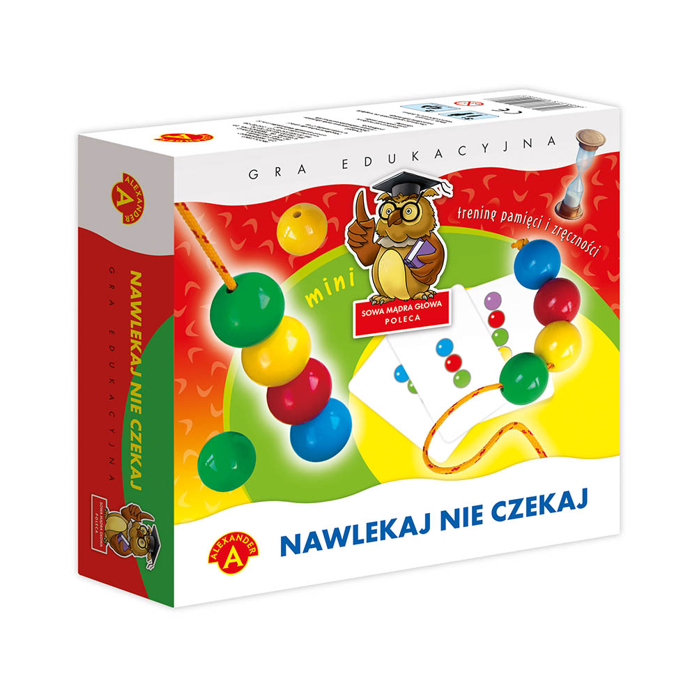 Zestaw do gry Nawlekaj Nie Czekaj Mini, widok kolorowych kul i kart do nauki pamięci i koncentracji