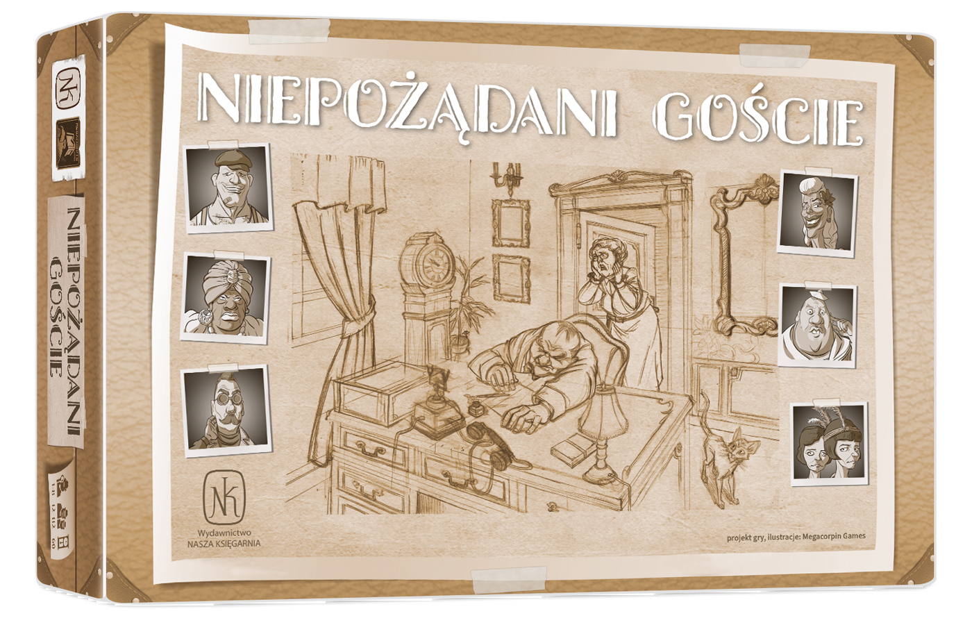 Plansza i elementy gry detektywistycznej Niepożądani Goście wydawnictwa NASZA KSIĘGARNIA