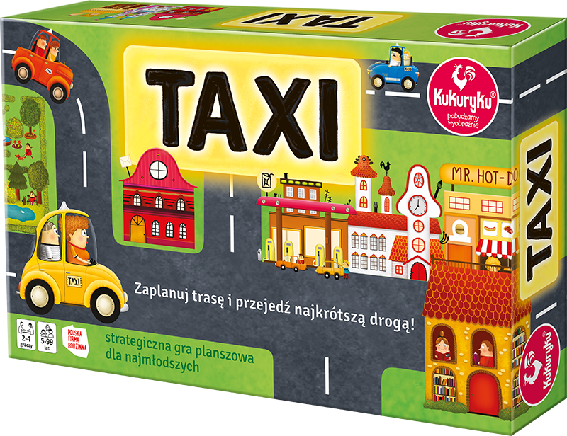 Kukuryku Taxi strategiczna gra planszowa dla dzieci z elementami mapy miasta