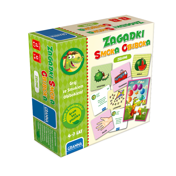 Karty z rymowanymi zagadkami i ilustracjami z gry edukacyjnej Zagadki Smoka Obiboka Zielone GRANNA