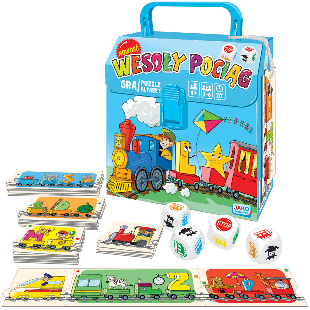 Pociąg 2w1 – gra planszowa i puzzle Alfabet JAKO z kolorowymi wagonikami