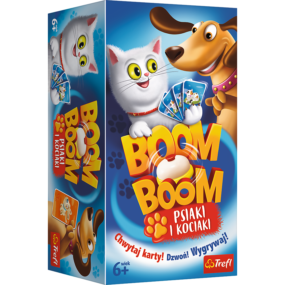 Plansza i elementy gry Boom Boom Psiaki i Kociaki — dzwonek i karty