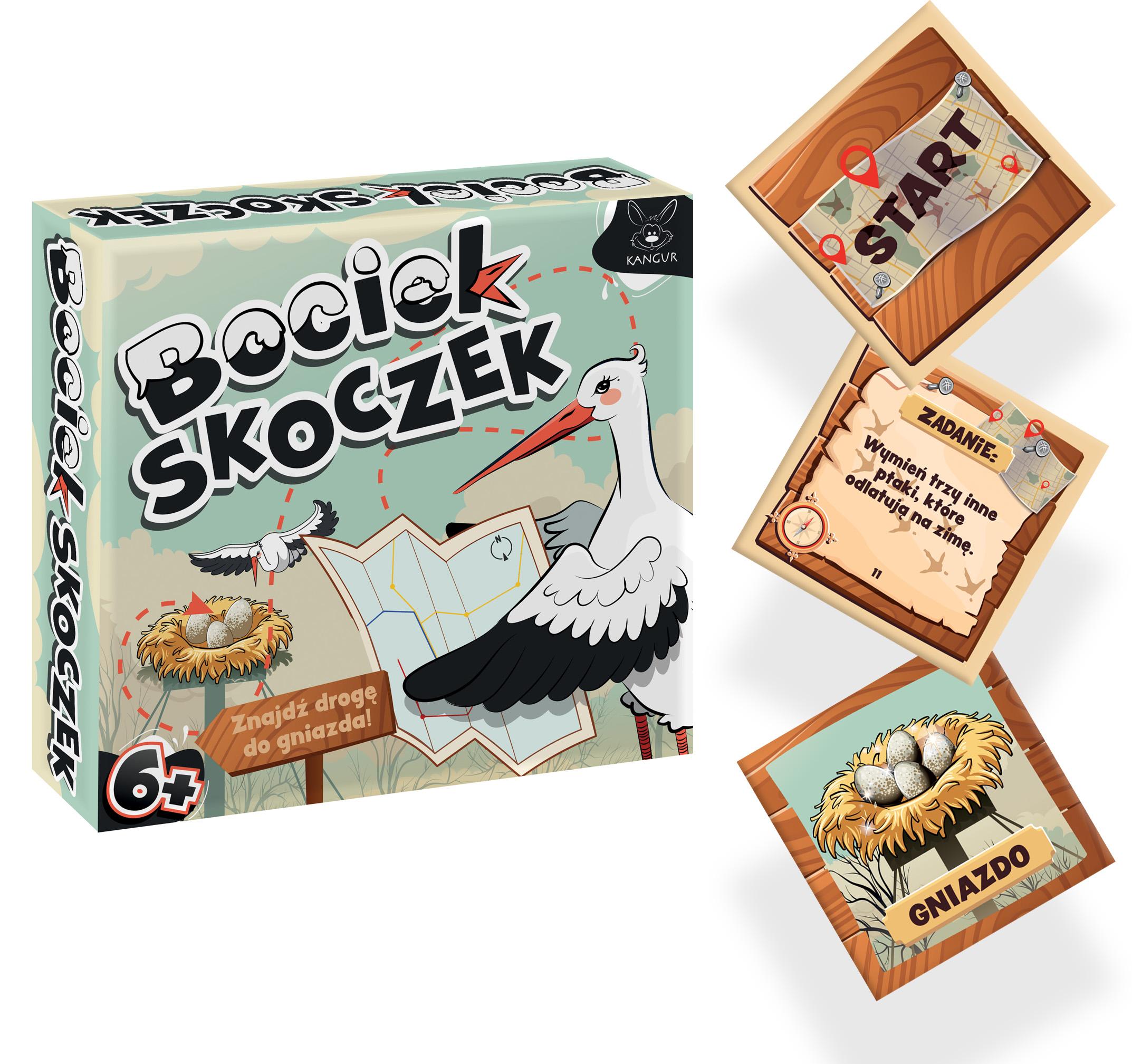 Bociek Skoczek – rodzinna gra planszowa KANGUR z kartami i ruchomą planszą