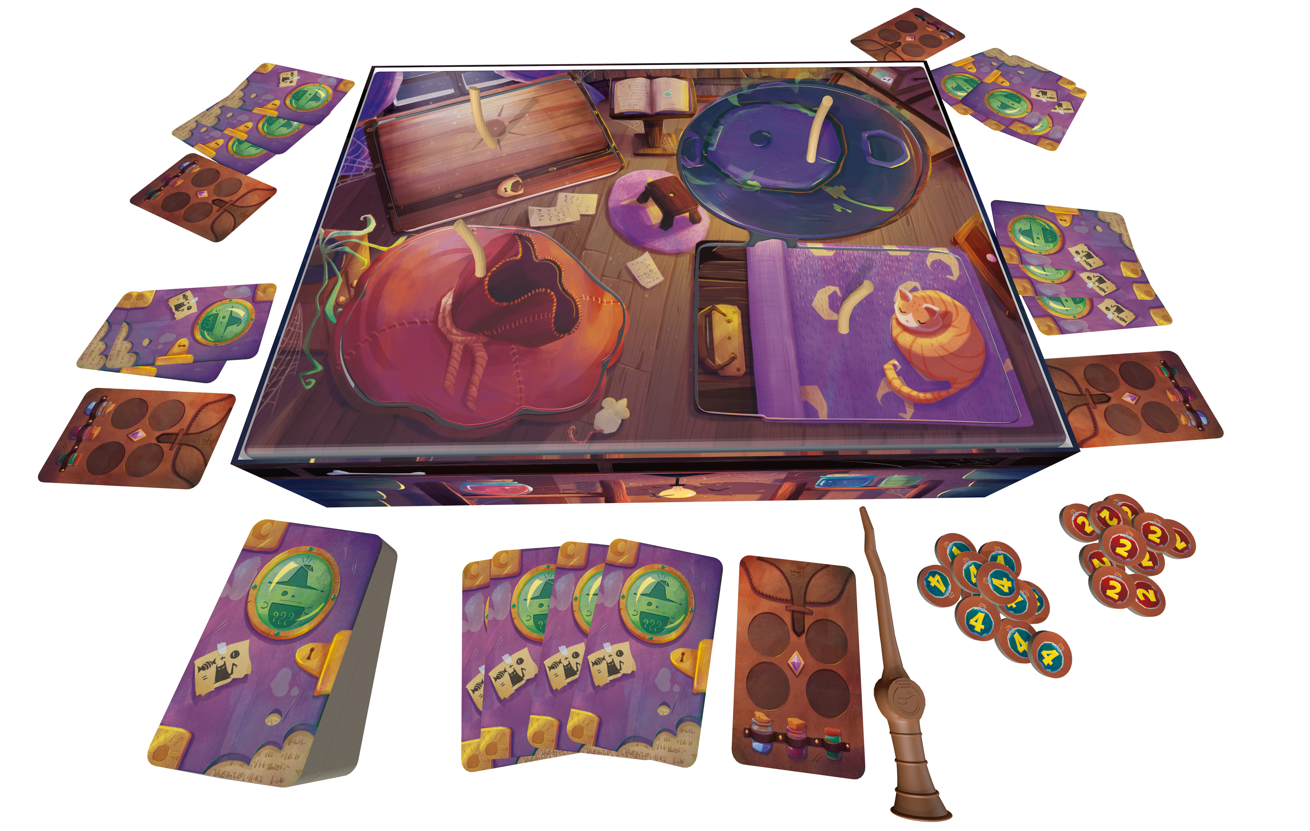 Plansza i elementy gry Ale Kocioł! od Fox Games — karty składników i różdżka