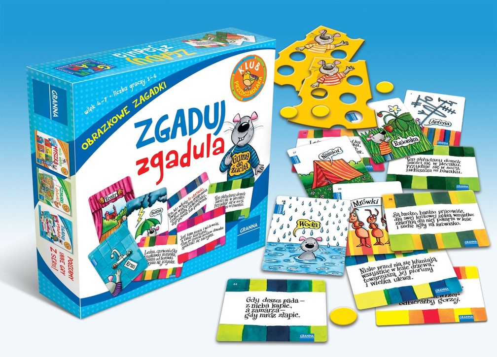Karty z wierszowanymi zagadkami i obrazkowymi odpowiedziami w grze Zgaduj Zgadula GRANNA