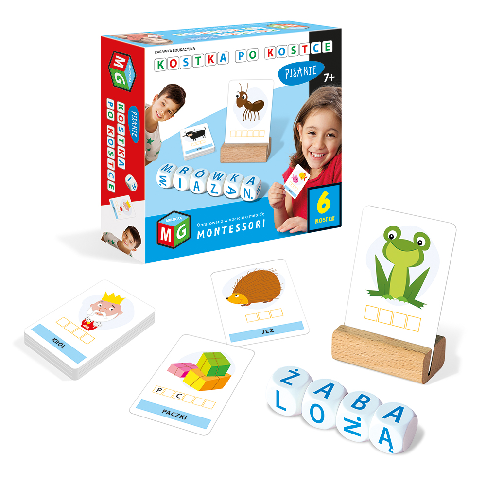 Montessori Kostka po Kostce Pisanie – gra edukacyjna MULTIGRA z 6 kostkami i 55 kartami