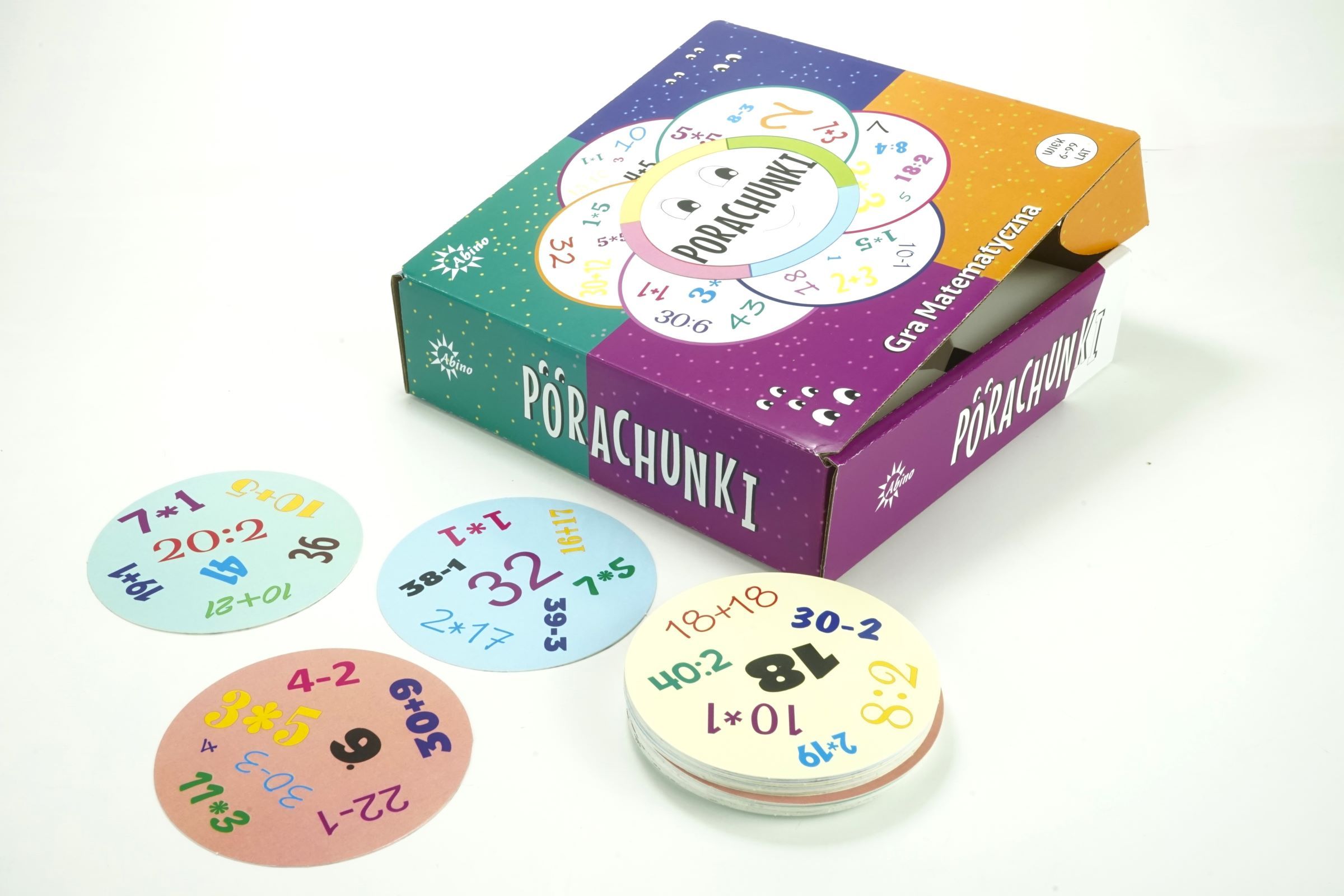 Karty gry edukacyjnej Po-Rachunki ABINO z działaniami matematycznymi
