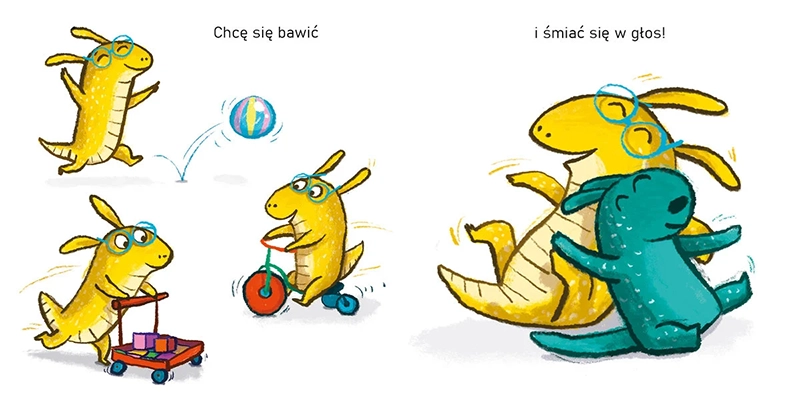 Ilustracje z książki Kiedy Czuję Szczęście. Wielkie Emocje - bohaterowie i scena rozmowy o szczęściu