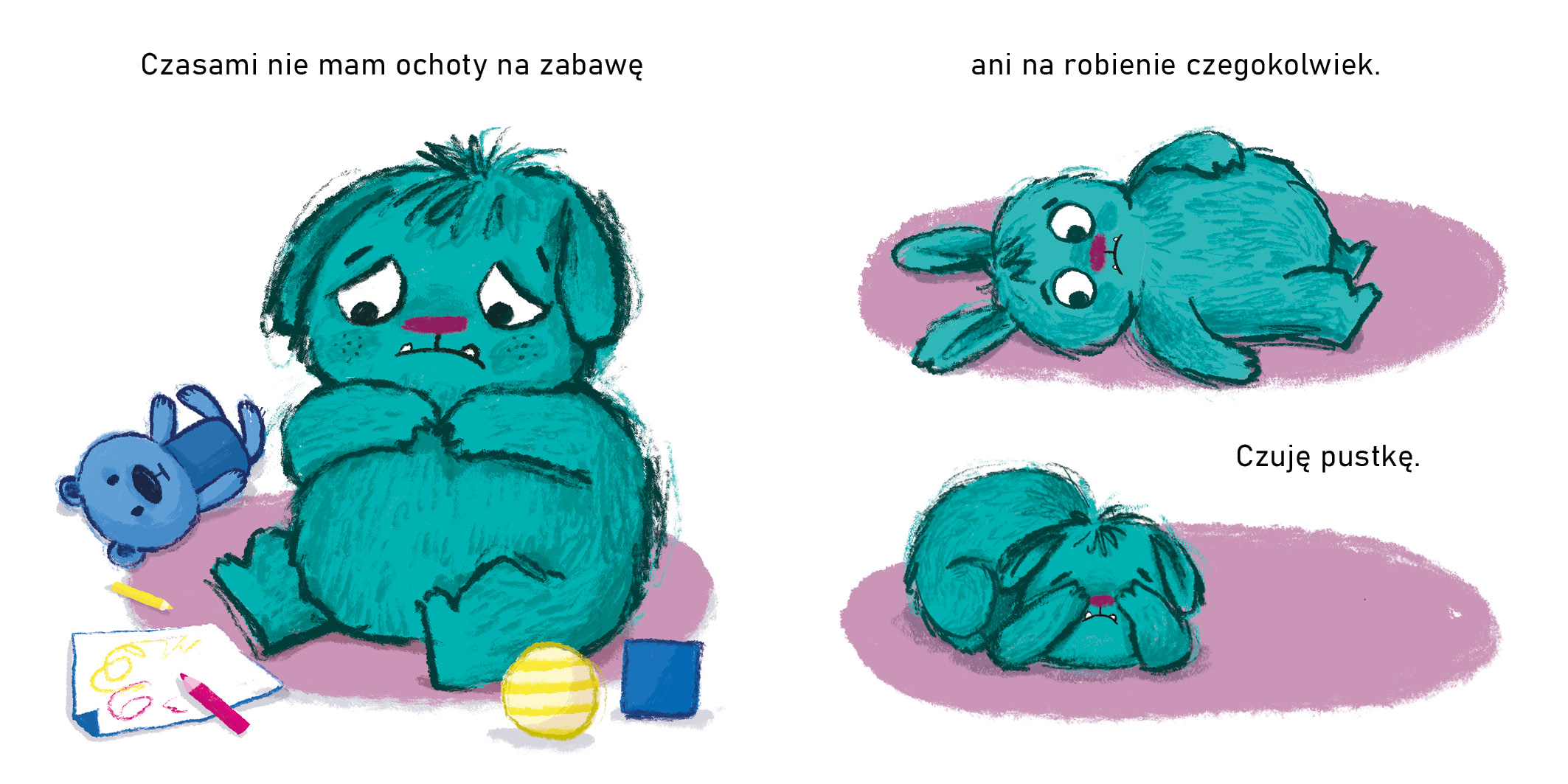 Ilustracja z książki 'Kiedy Czuję Smutek' – emocje i rozmowa z dzieckiem