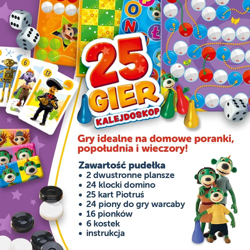 Kalejdoskop 25 Gier Rodzina Treflików elementy gry, plansze i kostki do zabawy