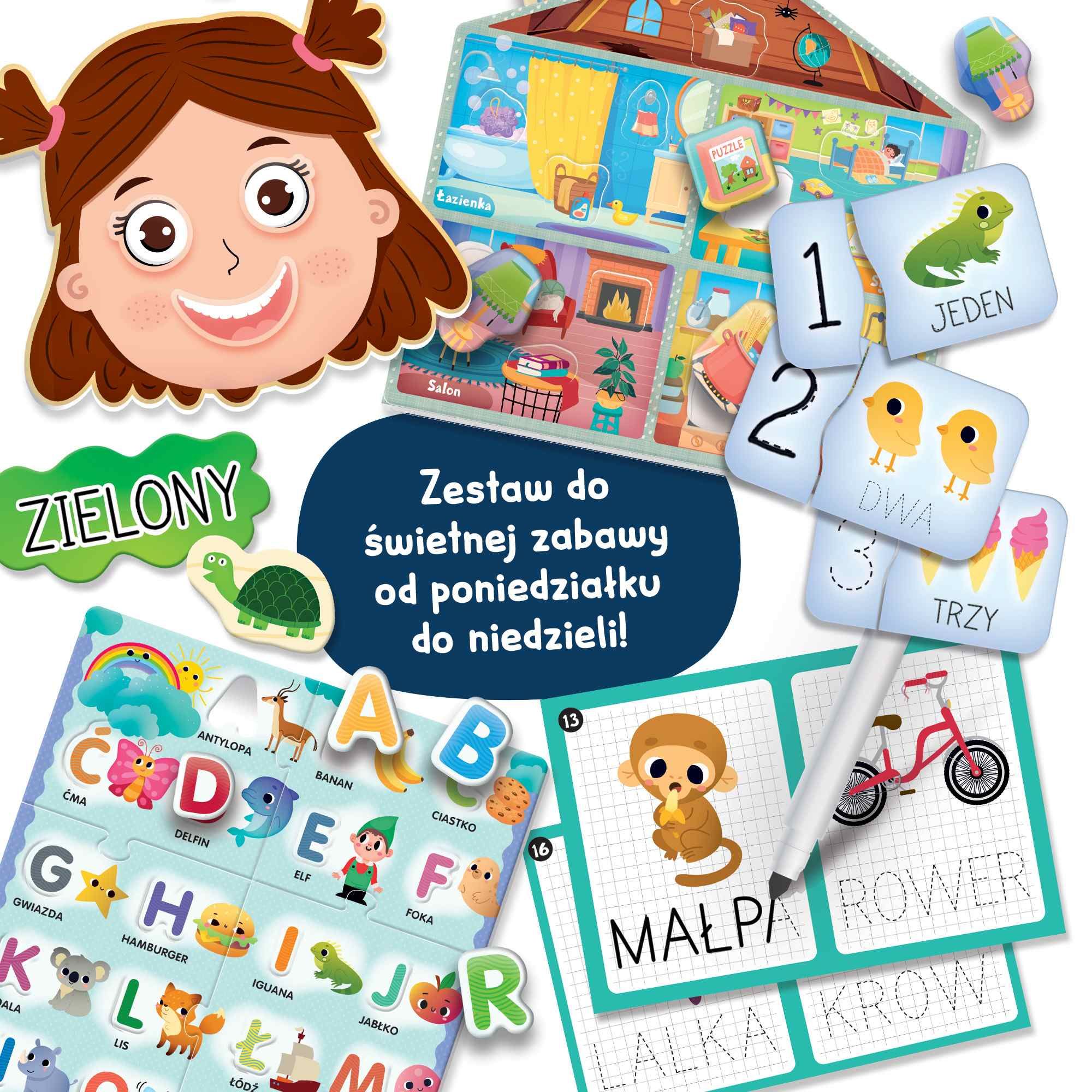 Elementy zestawu Lisciani Montessori Gra na Każdy Dzień z różnorodnymi zadaniami dla dzieci
